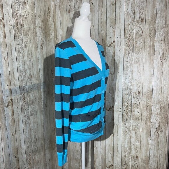 Women's Lilu Long Sleeve Cardigan | Blue & Gray | Button Up | V-Neck | Small - Picture 3 of 11
